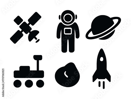 Space exploration icons: satellite, astronaut, planet, rover, asteroid, rocket