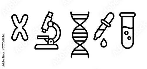 Science icons set featuring chromosome, microscope, dna, pipette, and test tube