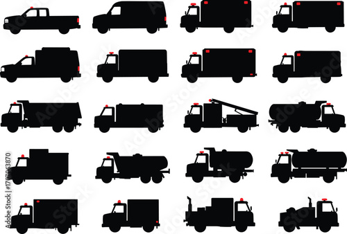 Silhouettes of emergency vehicles, fire trucks, rescue vans, utility trucks, industrial trucks, service vehicles, red warning lights, black and red icons.