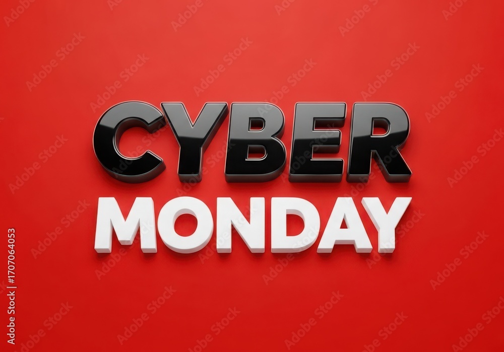 Fototapeta premium Bold 3D Cyber Monday text in black and white on red background sale shopping