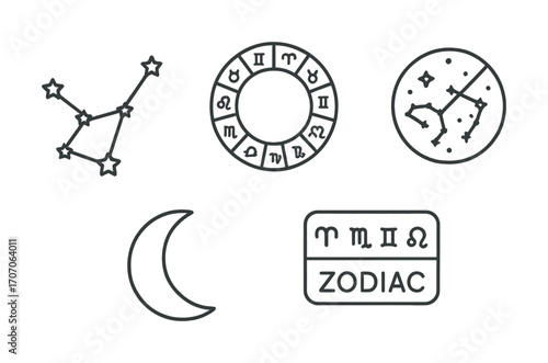 Zodiac symbols and star constellations illustration in black and white