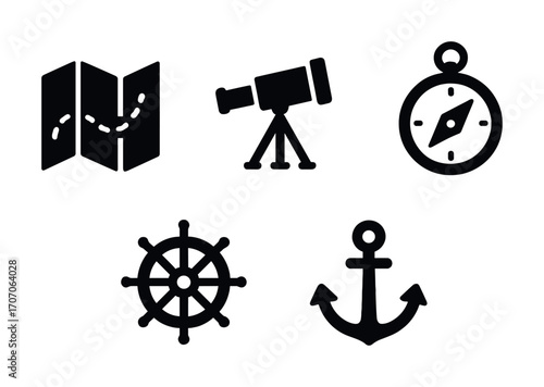 Nautical icons: map, telescope, compass, helm, and anchor symbols