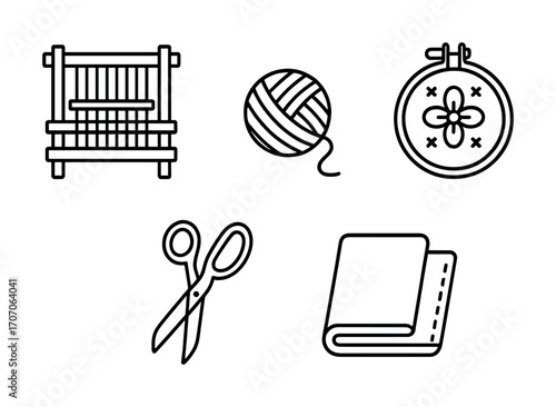 Craft tools for sewing and knitting: loom, yarn, embroidery hoop, scissors, fabric icons