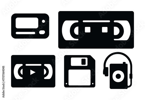 Retro media icons: cassette, vhs, floppy disk, mp3 player silhouettes