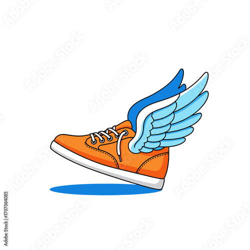 Cartoon Orange Sneaker with Blue and White Wings Hovering Above a Blue Shadow
