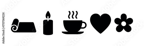 Minimalist yoga and relaxation icons: mat, candle, cup, heart, flower