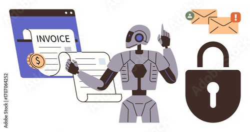 Robot pointing at invoices with secure lock icon and email alerts. Ideal for automation, cybersecurity, digital finance, AI processes, secure transactions, e-commerce, fintech. Simple flat metaphor