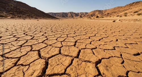 Wallpaper Mural Cracked Earth in Desert Landscape with Mountains Drought Concept. Torontodigital.ca