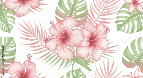 Watercolor Tropical Floral Pattern with Hibiscus and Leaves.