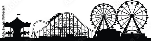 Silhouette of amusement park with roller coaster, ferris wheels, carousel, funfair rides, entertainment attractions, carnival, amusement rides, excitement, fun.