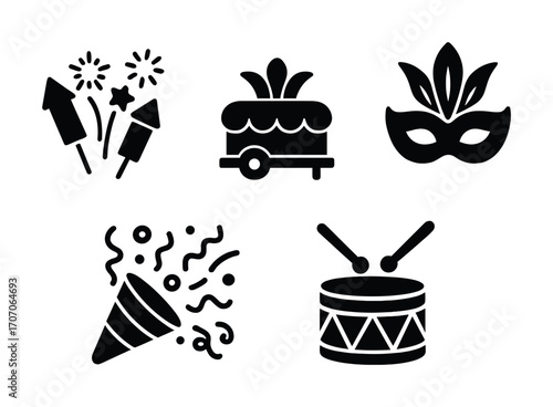 Festive icons featuring fireworks, parade float, masquerade mask, confetti, and drum