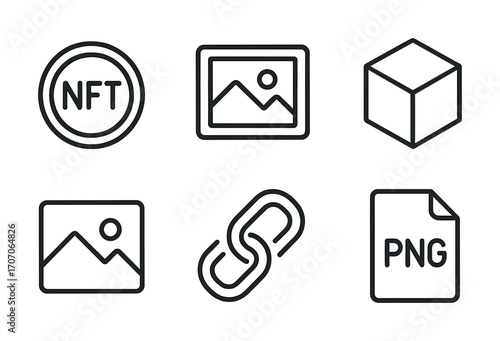 Nft symbol, image icon, 3d cube, hyperlink, png file outline icons