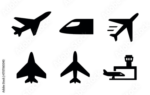 Set of black airplane icons featuring various designs and airport scene