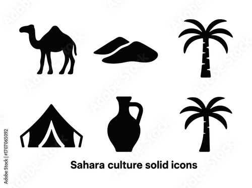 Sahara culture icons: camel, dunes, palms, tent, pot