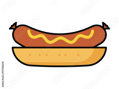 A delicious cartoon hot dog with mustard on a bun, ready to eat.