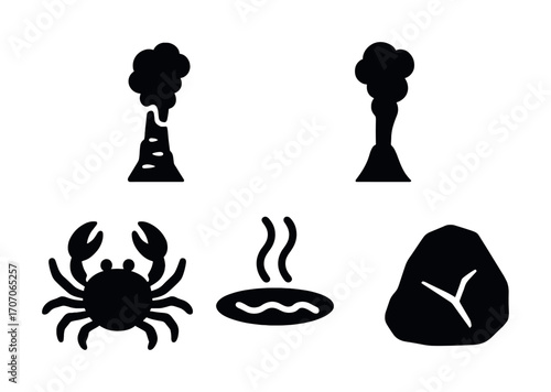 Volcanoes, crab, hot spring, and rock icons on white background