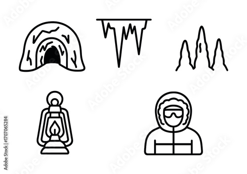 Winter adventure icons: ice cave, icicles, stalagmites, lantern, explorer
