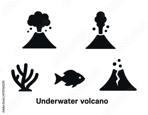 Underwater volcano icons with fish and coral illustrations on white background
