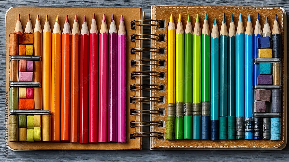 Obraz premium Open sketchbook displaying a vibrant array of colored pencils arranged neatly