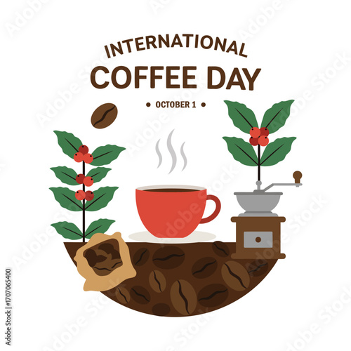 An illustration celebrating International Coffee Day on October 1, featuring a steaming red cup, coffee plants, a grinder, and beans.