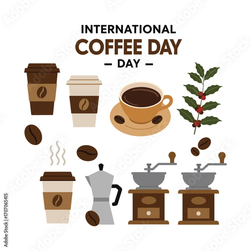 International Coffee Day graphic design with coffee cups, beans, and coffee maker.
