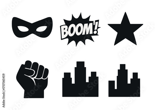 Comic book style icons with mask, boom text, star, fist, and cityscape silhouettes