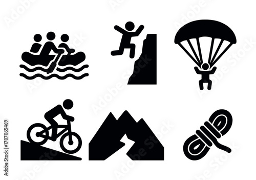 Outdoor adventure icons: rafting, climbing, paragliding, cycling, mountains, hiking