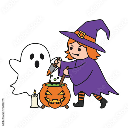 A cute cartoon witch and a scared ghost brew a magic potion in a jack-o'-lantern cauldron for Halloween.