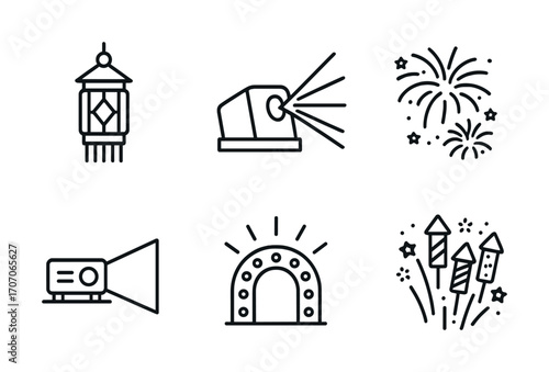 Festival icons set featuring lantern, spotlight, fireworks, and firecrackers