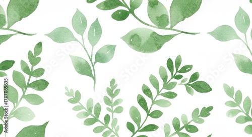Watercolor Green Leaves Pattern on White Background.