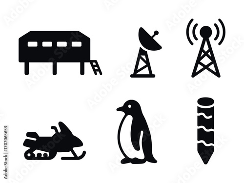 Antarctic research icons: base, satellite, radio, snowmobile, penguin, ice core