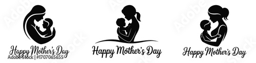 Three mother and child silhouettes with happy mothers day text baby family
