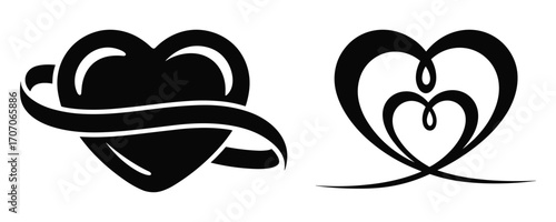 Two Stylized Heart Icons Black And White vector illustration