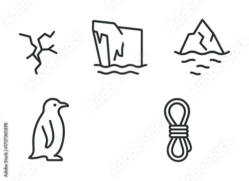 Outline icons of iceberg, cracked ground, penguin, rope, ice sheet