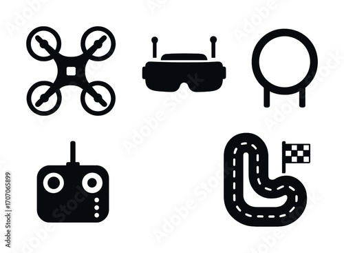 Drone racing equipment icons: quadcopter, controller, goggles, track, gate