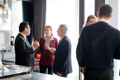Group asian business people discussion at conference in office after break, collaboration teamwork and networking for marketing, colleague team and seminar for success, business strategy and planning.