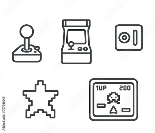Retro gaming icons set: joystick, arcade machine, pixel art, shooting game