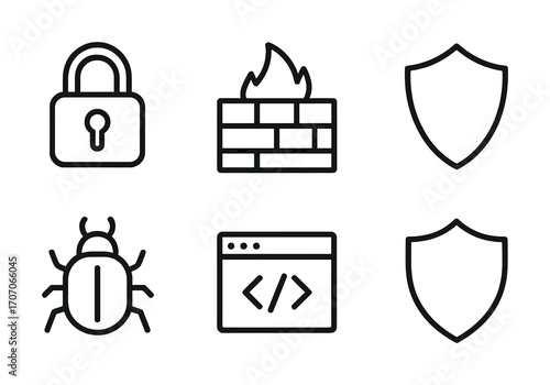Cybersecurity icons: lock, firewall, bug, code, shield for online protection