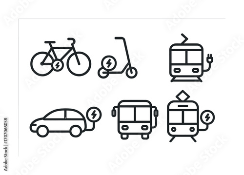Outline icons of eco-friendly electric transportation vehicles