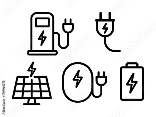 Electric charging and sustainable energy icons: solar, battery, plug, and charger symbols