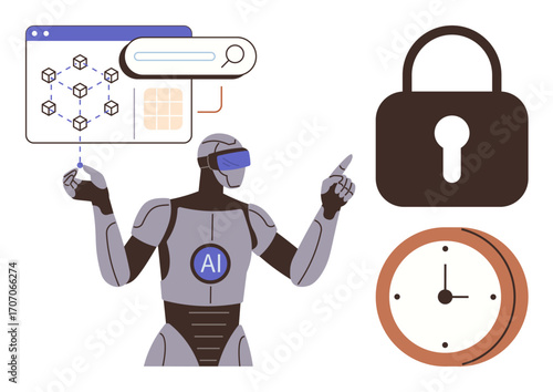 Humanoid robot with AI label interacting with digital interface, padlock, and clock. Ideal for technology, automation, cybersecurity, machine learning, data analysis innovation time management. A