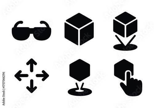 Augmented reality icons set: glasses, cubes, hexagons, arrows, pointing hand
