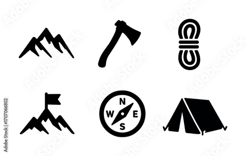 Outdoor adventure icons: mountains, axe, rope, flag, compass, tent