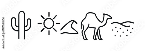Desert symbols: cactus, sun, sand dune, camel, and waves
