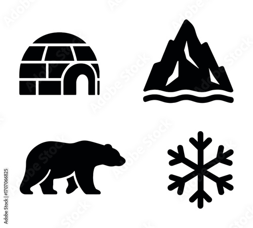 Arctic symbols collection: igloo, mountain, polar bear, snowflake in black and white