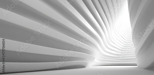 A curvaceous all-white abstract structure with layers forming a tunnel, lit by a bright light at the end, creating depth and visual interest