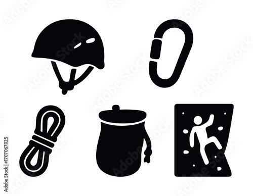Climbing gear icons: helmet, carabiner, rope, chalk bag, wall