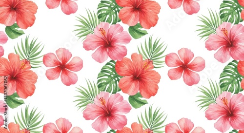 Watercolor Hibiscus Flower Pattern with Tropical Leaves on White Background.