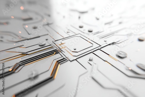 Abstract macro shot of silver circuit board, gold detail, and shallow depth of field, creates a futuristic, sleek, and clean technology aesthetic