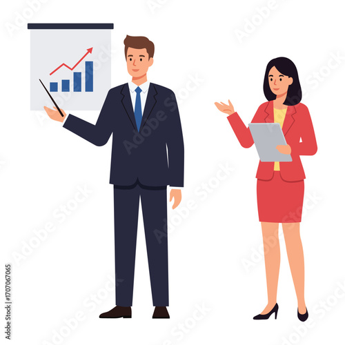 Two business professionals, a man presenting a growth chart and a woman holding a tablet, engaged in a corporate meeting or presentation.